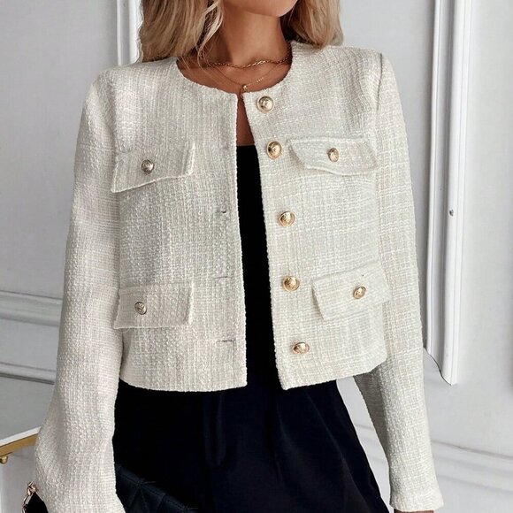 Apricot Elegant Women's Solid Color Tweed Jacket - Picture 4 of 4